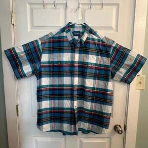 Vintage Wrangler Western Plaid Short Sleeve Shirt XXL Blue Teal Mens Hong Kong